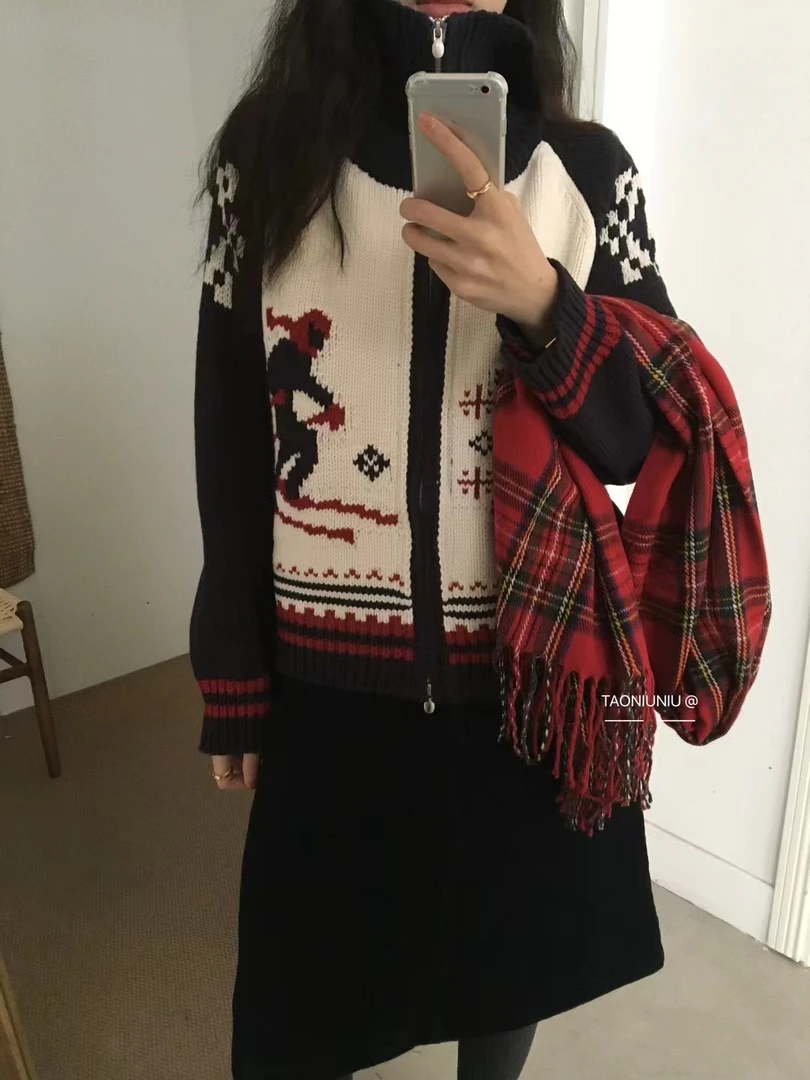 韩系高立领双拉链毛衣开衫外套女冬季新款宽松慵懒滑冰提花针织衫