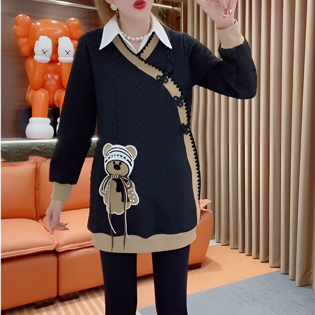 春季新款小熊拼接连衣裙气质显瘦时尚百搭减龄洋气