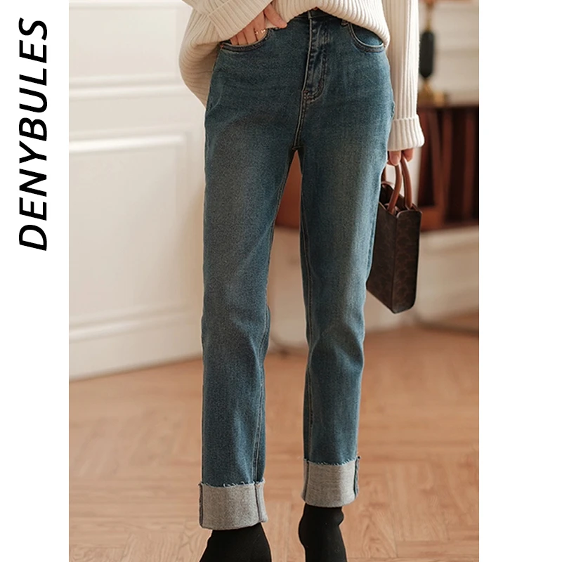 秋冬爆款德绒黑科技直筒卷边牛仔裤翻边牛仔裤加绒烟管裤