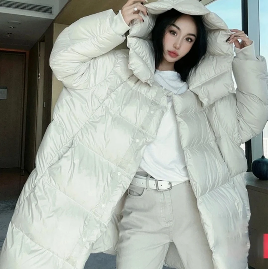 2024冬季新款国标90白鸭绒时尚韩版连帽过膝百搭羽绒服
