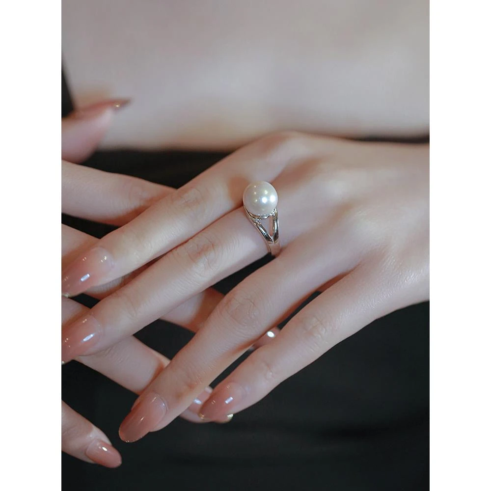 925银戒指  高级百搭精致时尚仿珍珠戒指独特开口可调节指环轻奢