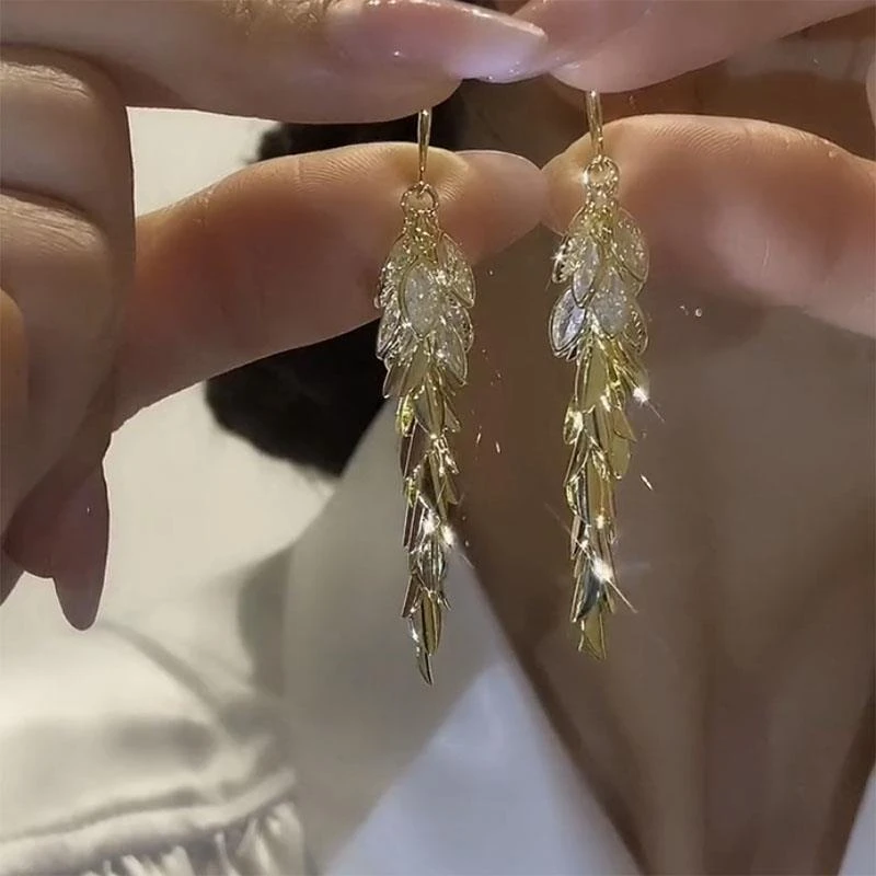 925银耳饰 轻奢高级感闪钻锆石麦穗耳环小众设计感长版流苏叶子耳