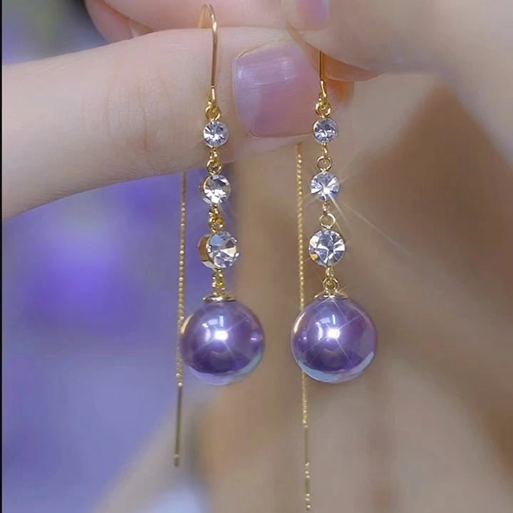 925银耳饰 微美防过敏紫色珠珠耳环优雅气质轻奢长款耳线时尚百搭