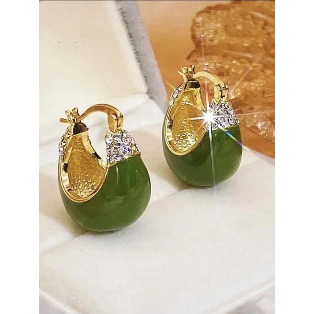 925银耳饰 显白复古绿色耳扣耳饰小众设计镶钻圈圈耳环清新耳圈20