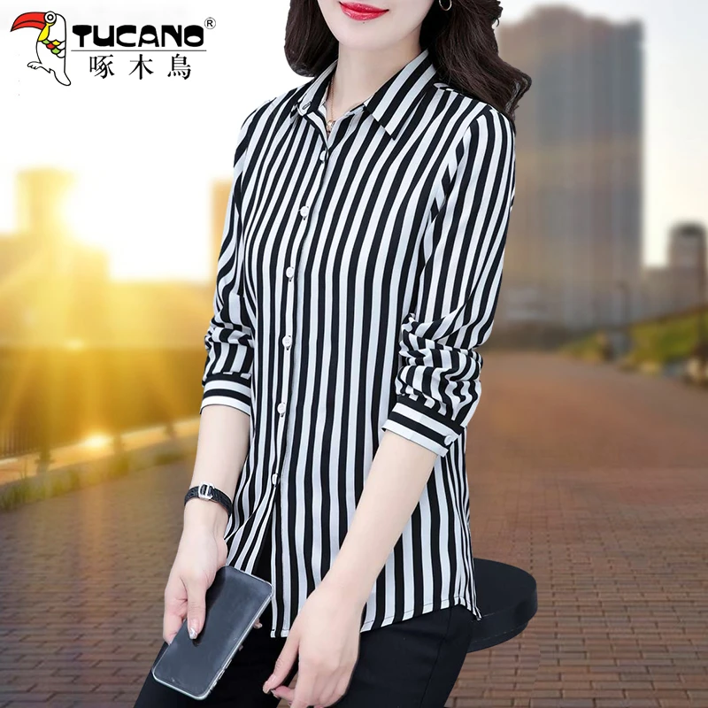 【官方】啄木鸟黑白条纹衬衫女士长袖春秋新款大码宽松雪纺职业衬衣