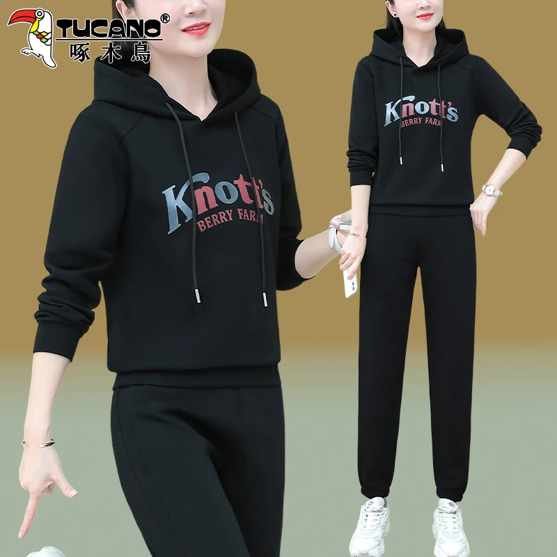 【官方】啄木鸟连帽卫衣套装女春秋新款中年妈妈宽松休闲运动两件套