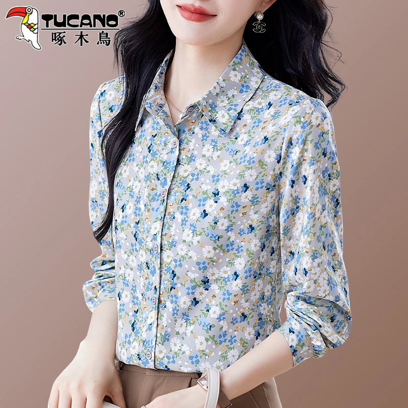 【官方】啄木鸟印花衬衫女长袖新款春秋减龄设计感女式打底气质衬衣