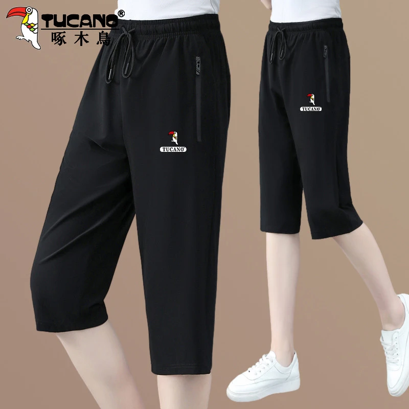 啄木鸟七分裤女夏季薄款2025新款宽松妈妈显瘦中裤黑色休闲运动裤