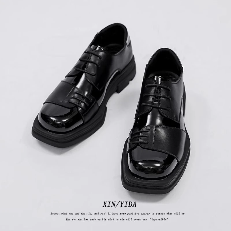 方头皮鞋男款休闲商务英伦风男鞋子设计感小众潮黑色内增高德比鞋