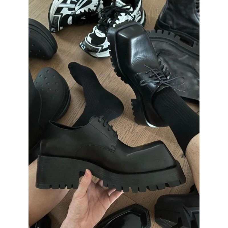 大翘头方头小众皮鞋潮流厚底增高跟百搭英伦德比鞋发型师男鞋潮