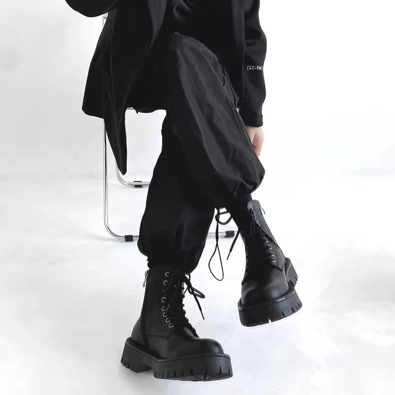 黑色马丁靴男款棉鞋秋冬款加绒高帮百搭拉链厚底增高中帮工装靴子