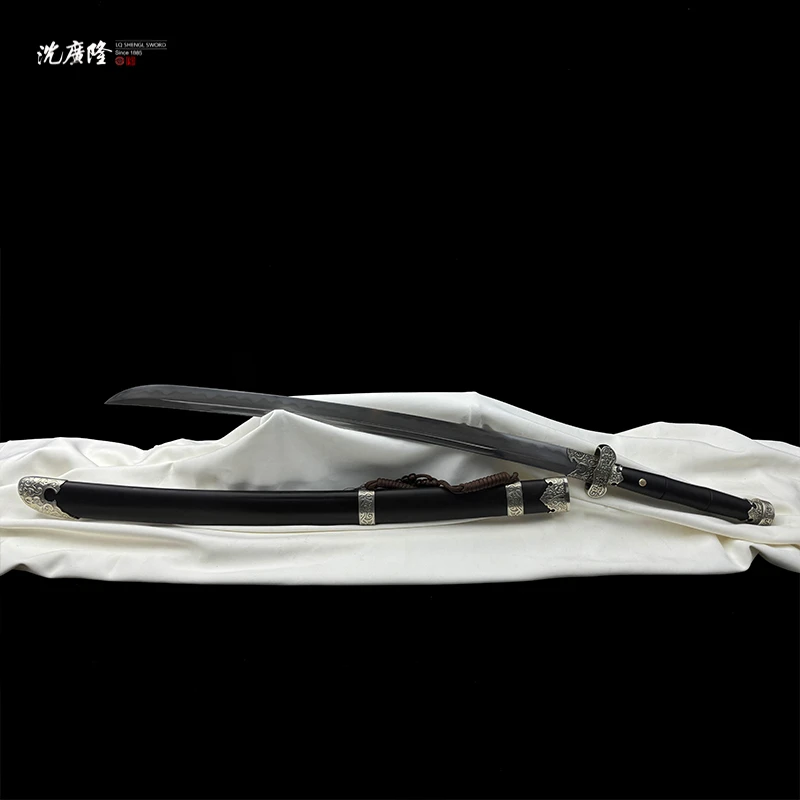 龙泉沈广隆-黑金古刀 白铜 七枚合 黑檀木 花纹钢 手工 未开刃