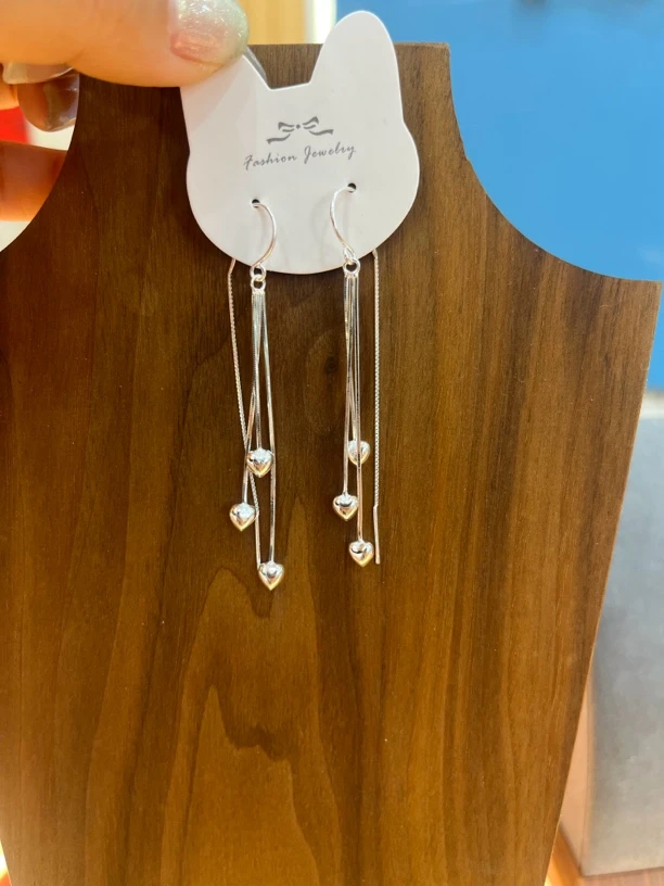 足银耳饰 时尚桃心流苏防丢耳坠Y