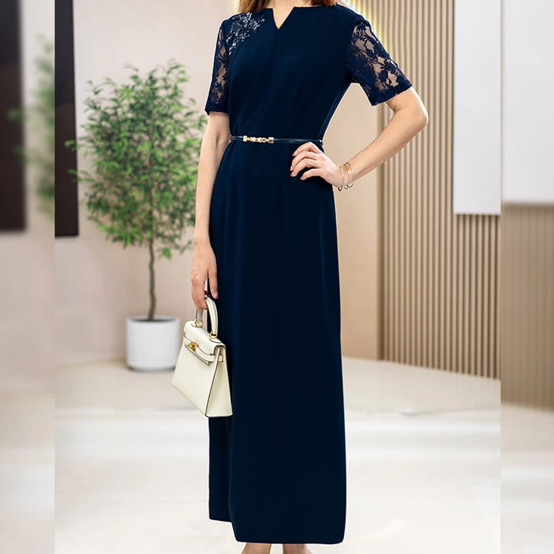 时尚气质蓝色蕾丝爆款连衣裙夏季新款v领女士洋气上档次高档裙子