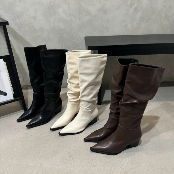 2024秋冬新款尖头粗跟堆堆靴长靴高跟不过膝长靴