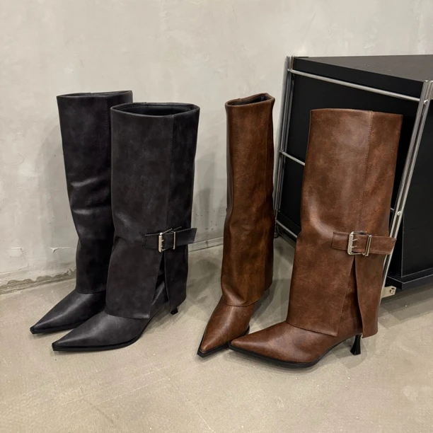 欧美复古美拉德棕色尖头细跟西部骑士靴胖mm显瘦裤管靴