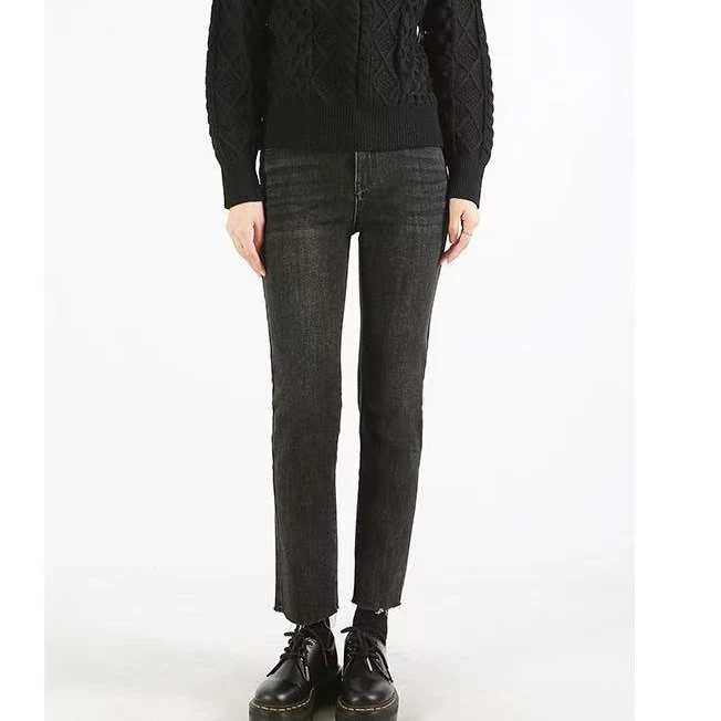 【Fer】黑灰毛须边直筒九分牛仔裤