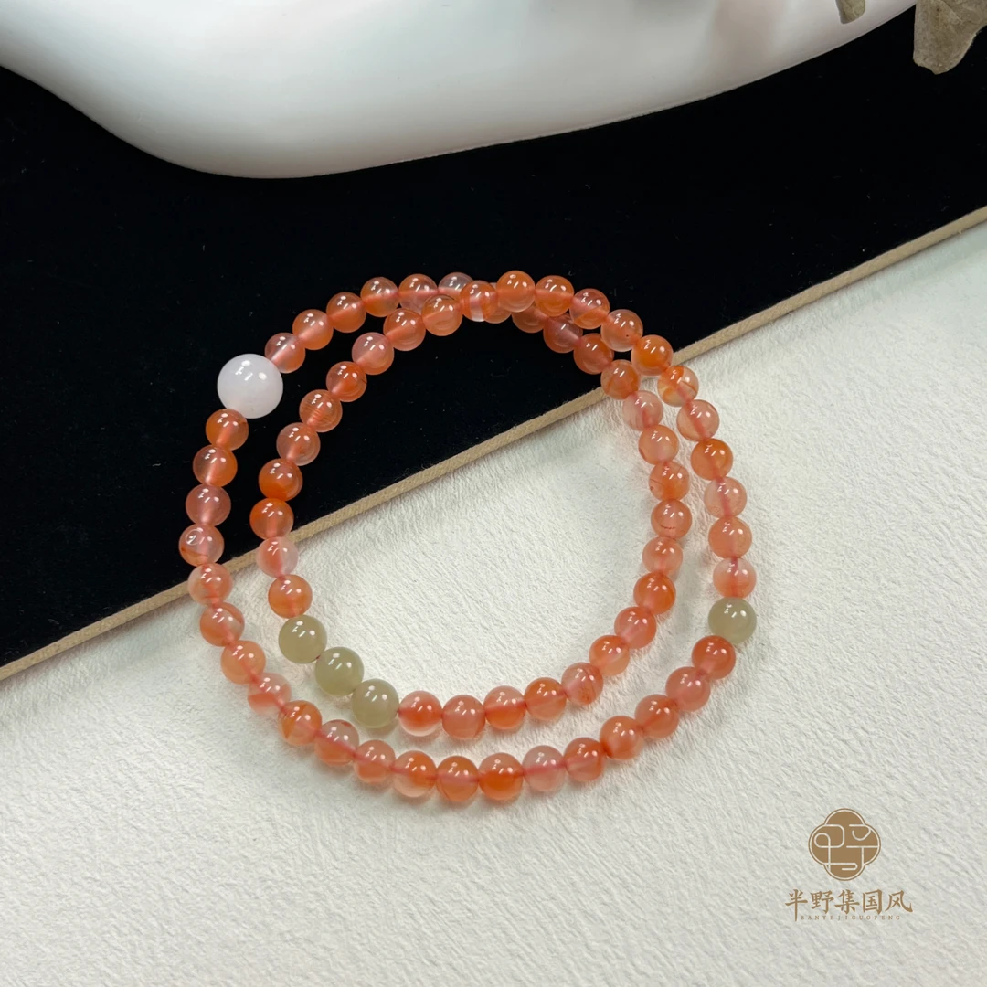 BYJ【三生万物】天然冰飘南红5mm配和田玉白玉中式原创设计双圈手串