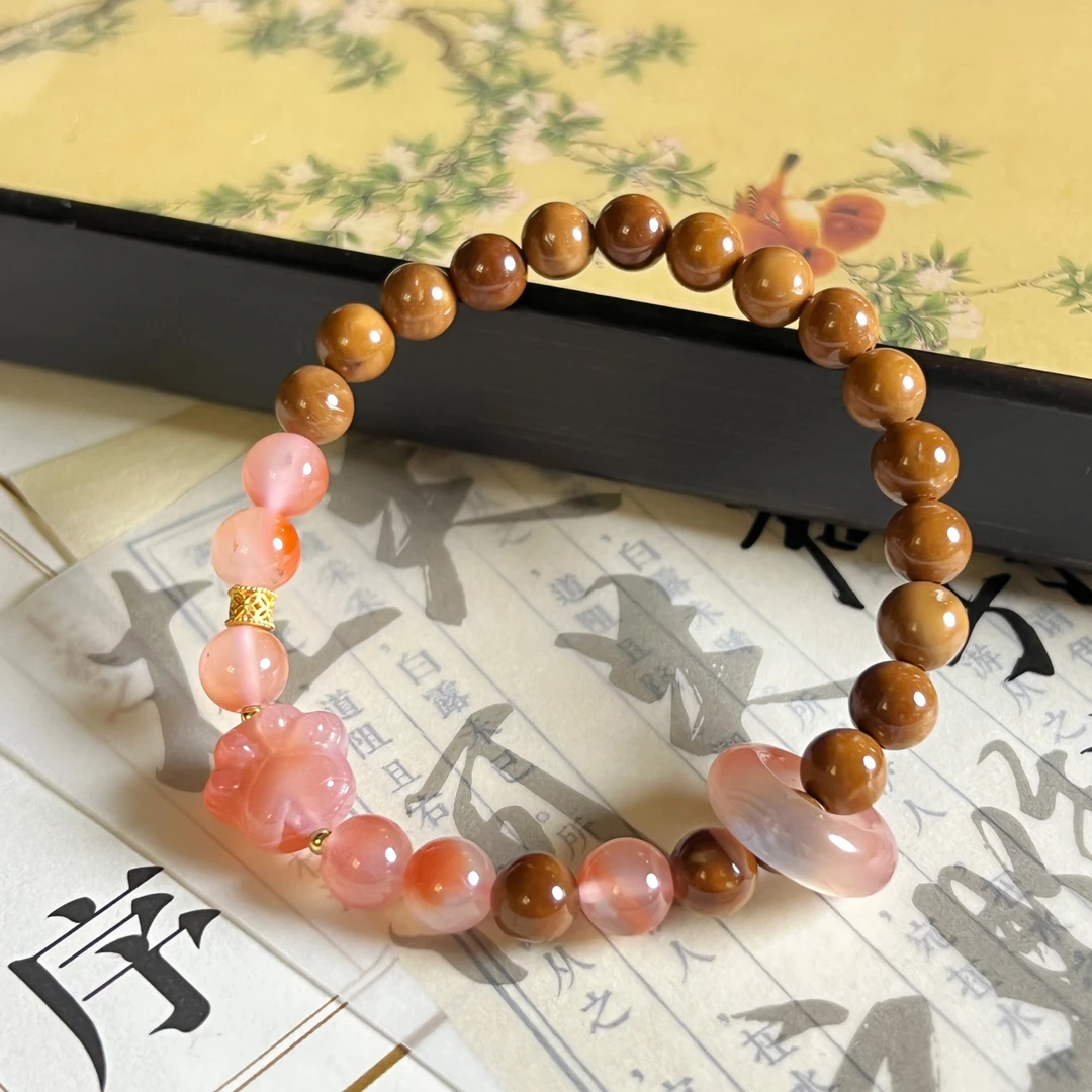 【知足常乐】原创设计粉色单圈库克卡7国风新中式国风手串