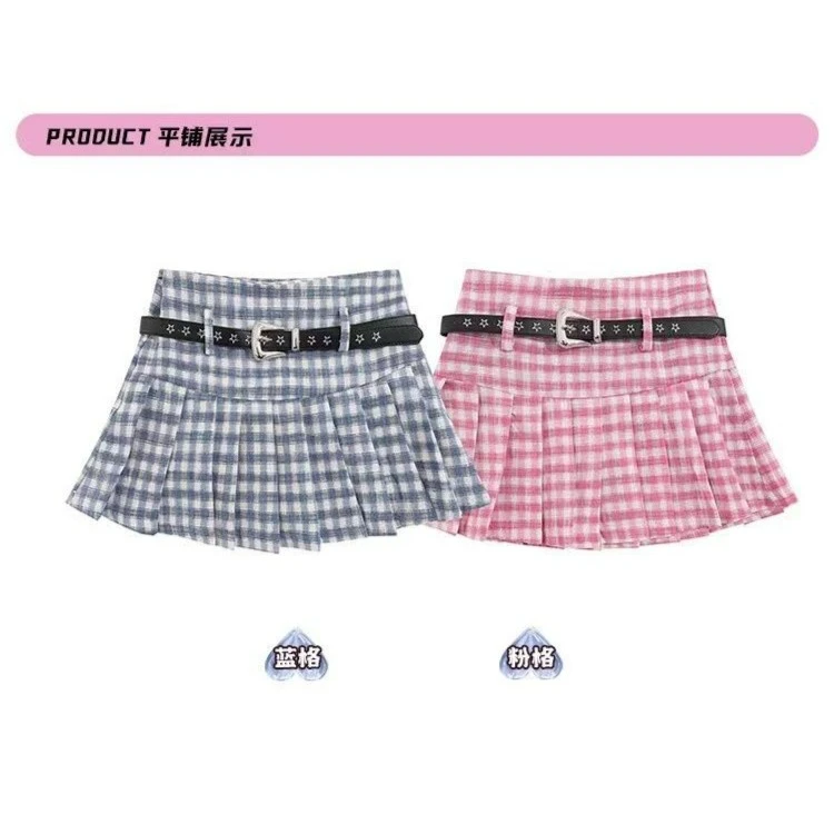 粉色格子百褶裙女校园学院甜酷小众高腰a字防走光半身短裙