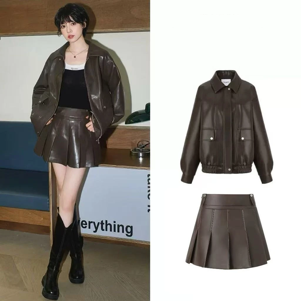 Three Quarters秋冬品牌美拉德时尚蛋白皮机车外套＆半裙套装