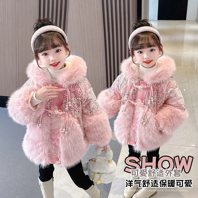 女童冬季新款加绒厚毛毛外套女宝宝中长款风衣网红洋气带帽派克服