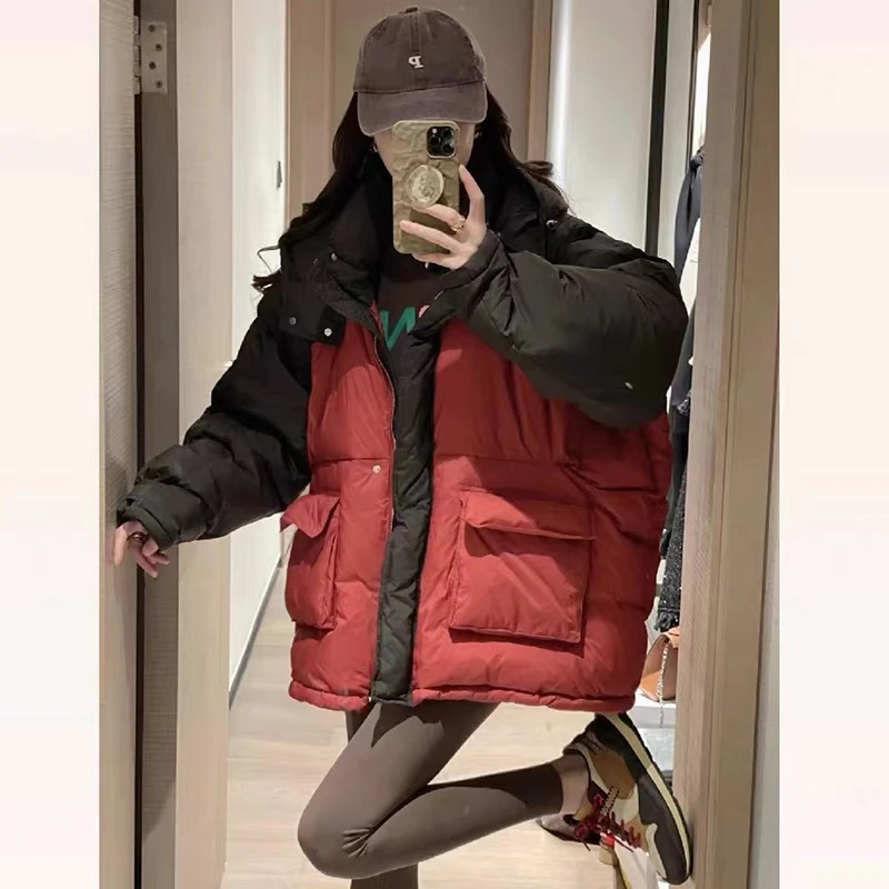 撞色羽绒服女2023年新款短款加厚时尚韩版宽松连帽收腰白鸭绒外套