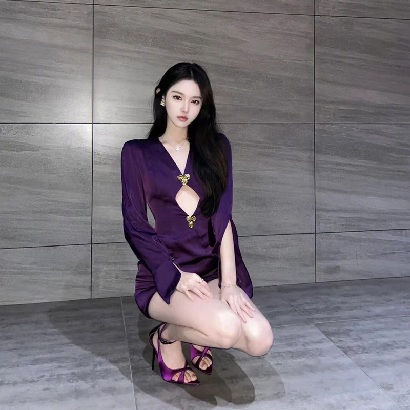 BANGON紫色纯欲风连衣裙短款秋冬2023新款高级感包臀裙长袖裙子女