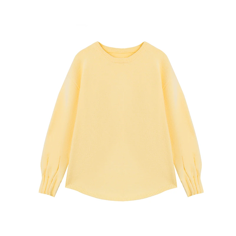 【初恋女友】圆领褶皱边袖纯色百搭简约风显瘦针织衫A2687