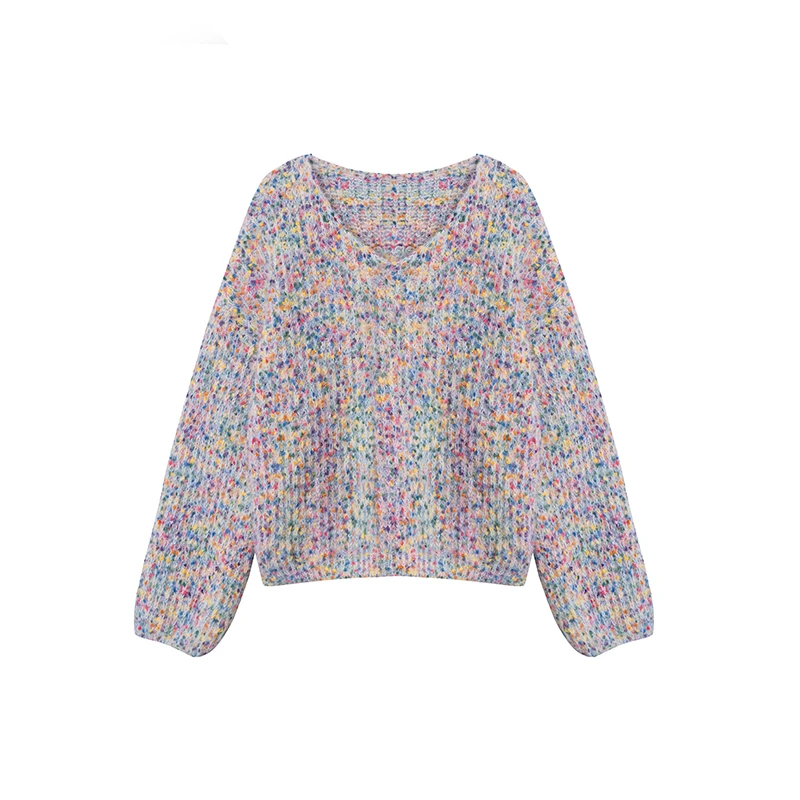 【私人高定】V领慵懒风彩点减龄百搭时尚针织毛衣A2569