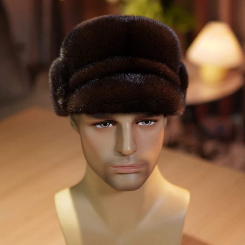 冬季新款整水貂皮草毛帽子男士保暖帽中老年老头皮棉帽水貂毛帽子