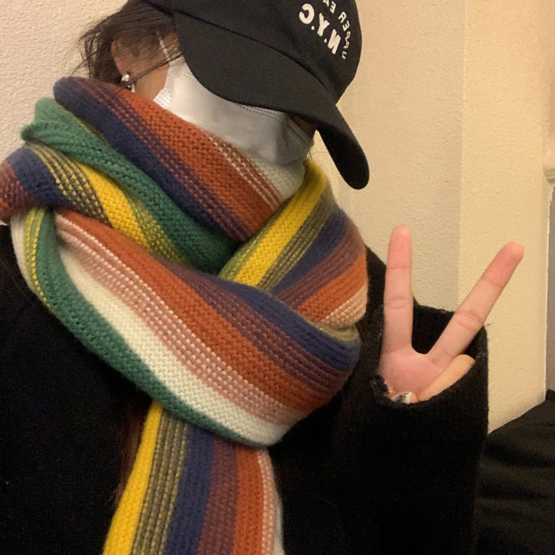 彩虹针织围巾女秋冬季2023新款加厚保暖披肩韩版学生可爱少女围脖