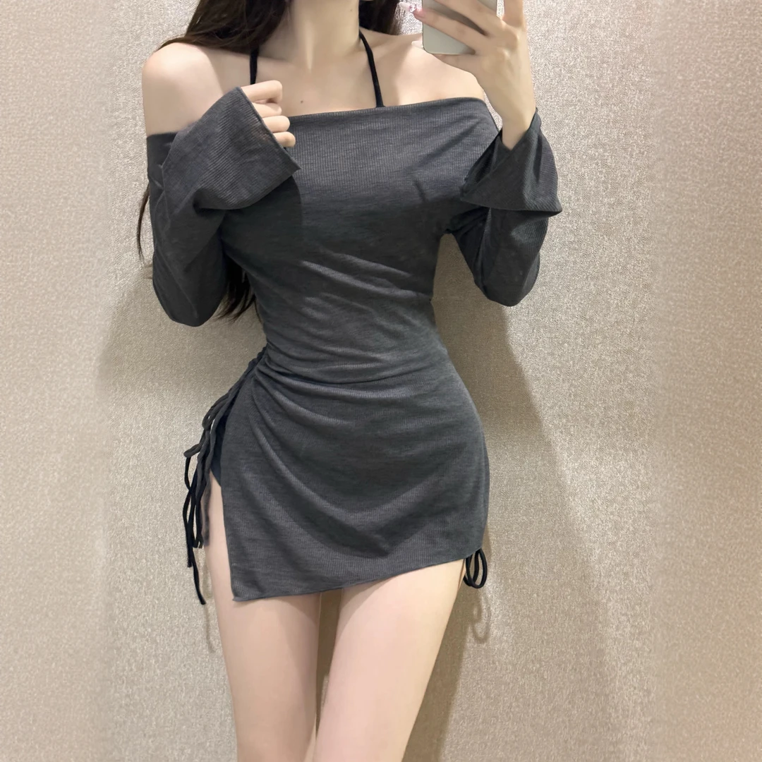 【灰色】高级感长袖显瘦性感保守平角挂脖遮肚温泉度假泳衣三件套