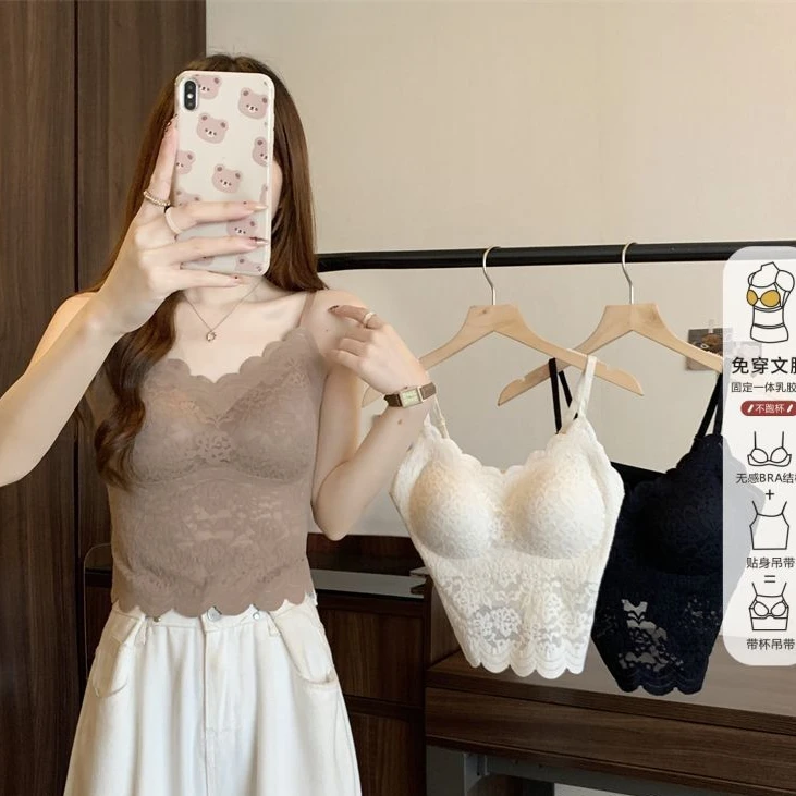 蕾丝花边吊带背心女春夏季美背白色内搭打底衫带胸垫短款上衣外穿