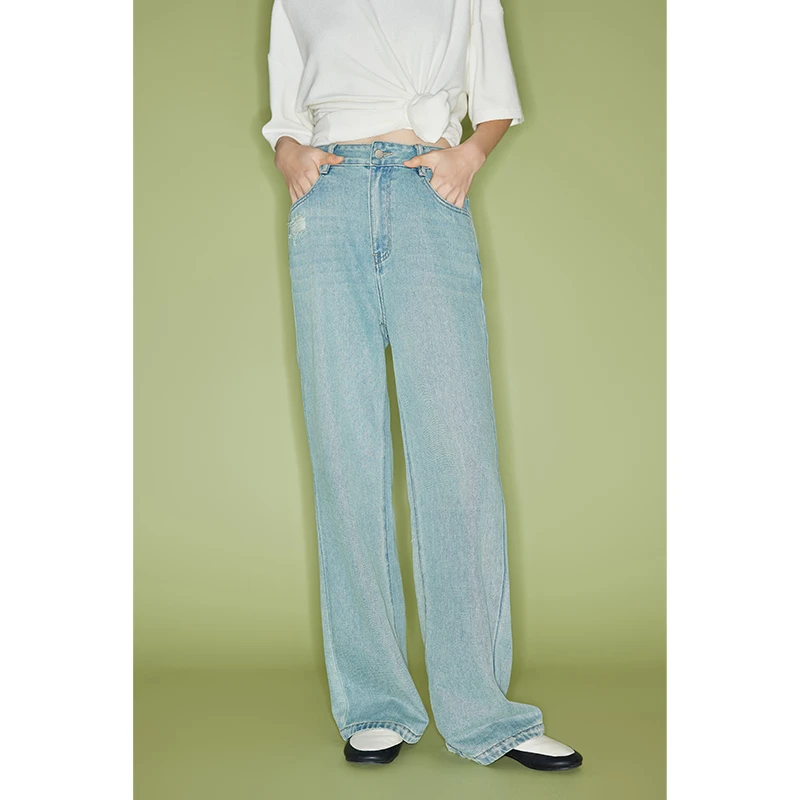 HERLAND她地【DV裤】复古休闲通勤百搭宽松显瘦高腰直筒阔腿牛仔裤