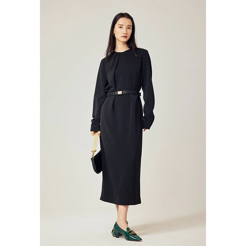 HERLAND她地【黑金玫瑰】茶歇法式气质收腰显瘦连衣裙女中长款裙子