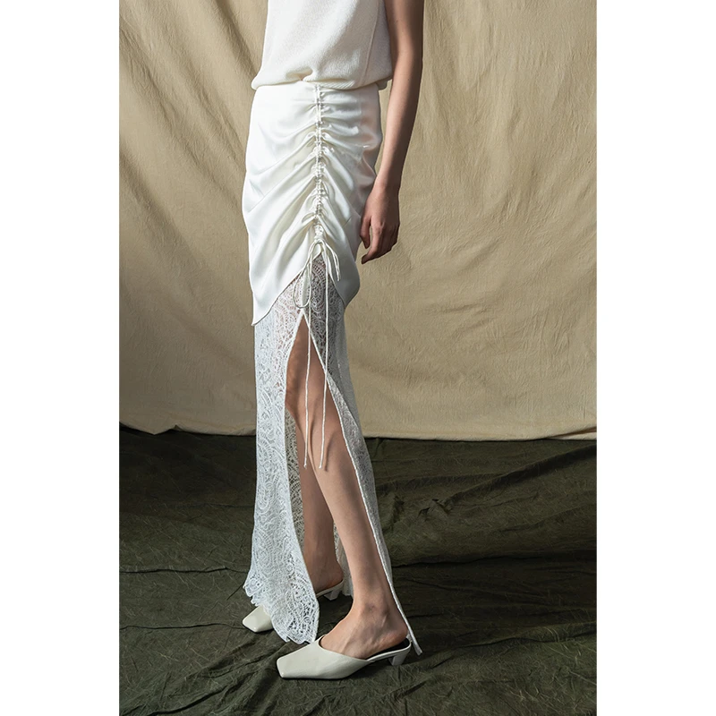 HERLAND她地【高岭之花】褶皱蕾丝拼接半身裙女休闲优雅中长款a字裙