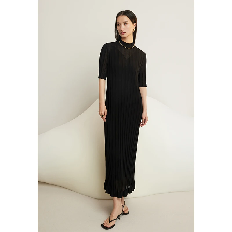 HERLAND她地【阮玲玉】黑色遮肉显瘦针织坑条连衣裙气质