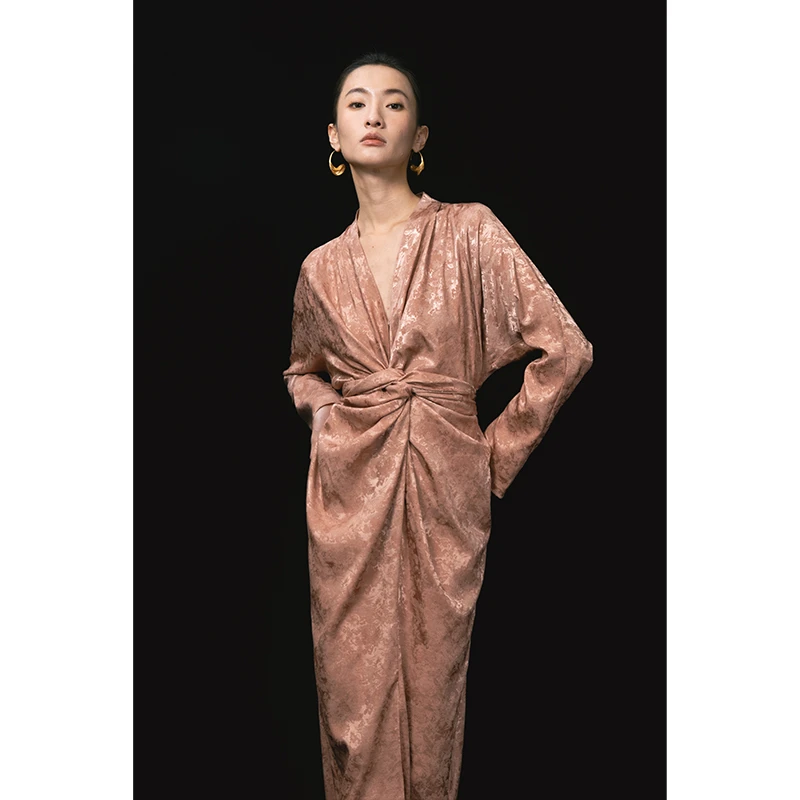 HERLAND她地【行香子】法式复古提花连衣裙女夏优雅气质V领系带长裙