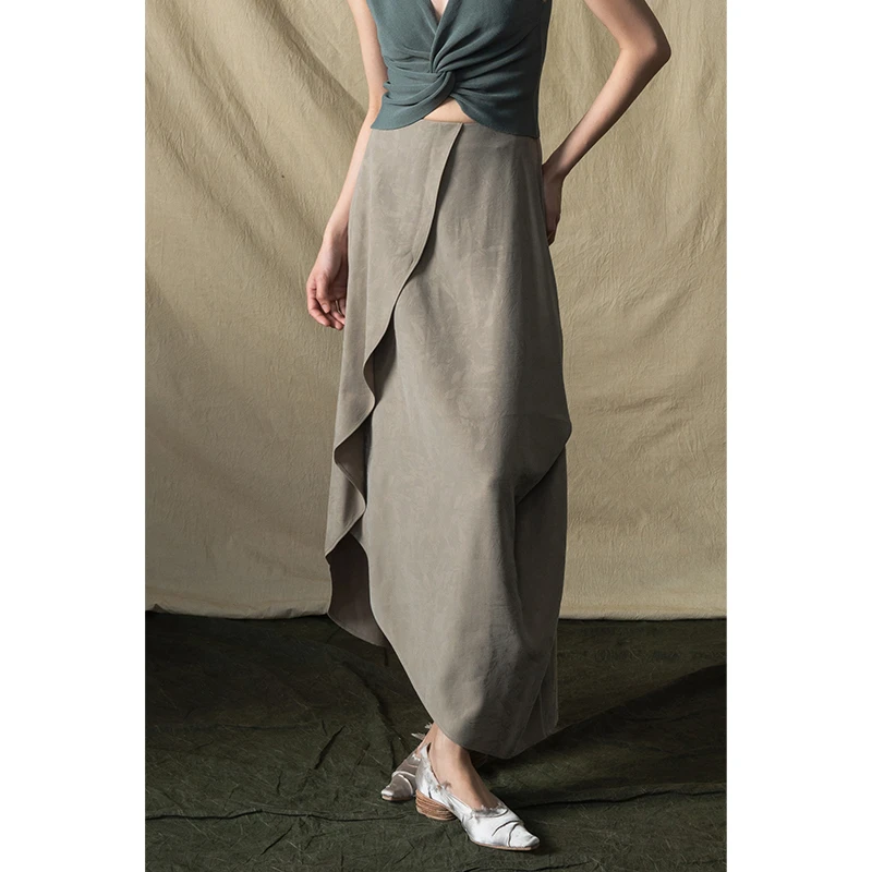 HERLAND她地 【荷叶】开叉立体荷叶片半身裙女通勤百搭不规则中长裙