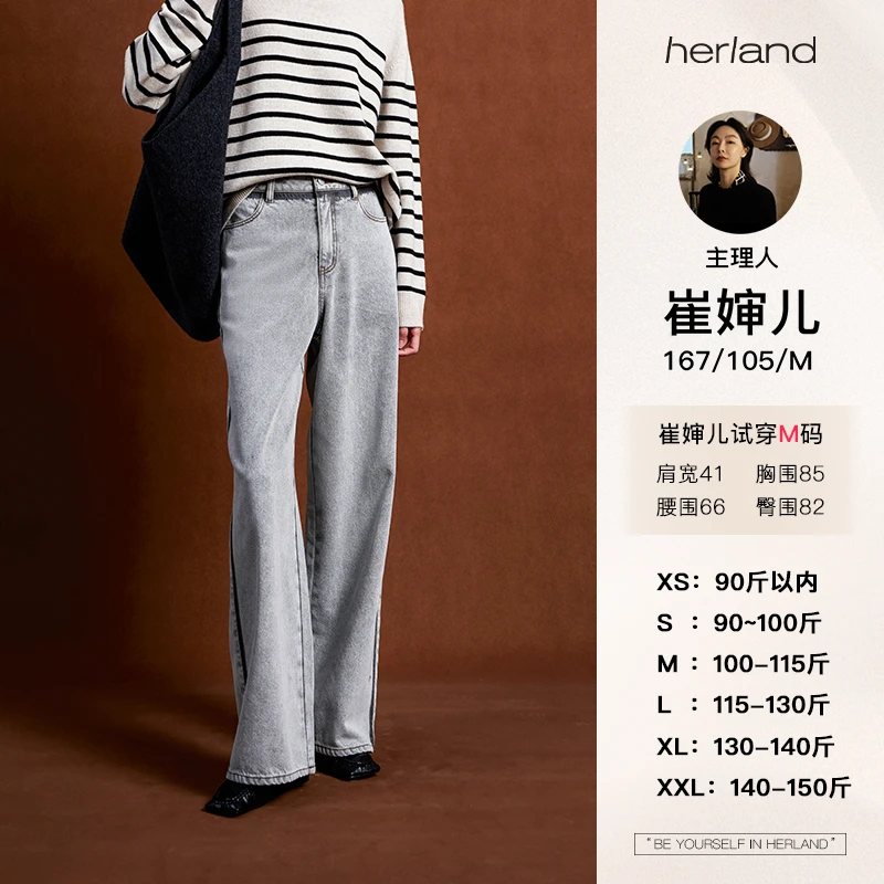 HERLAND她地 【相框】复古高腰宽松显瘦直筒阔腿牛仔裤