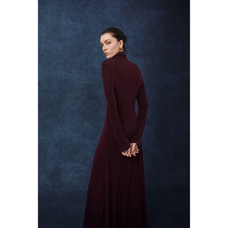 HERLAND她地【晚宴裙】秋季高领打底针织裙女法式气质显瘦修身长裙