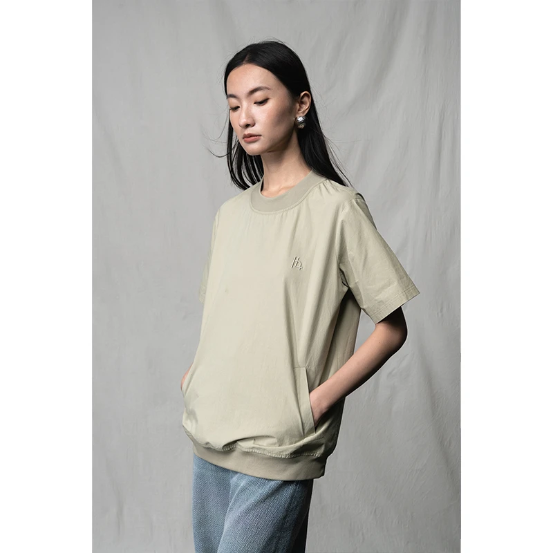 HERLAND她地【冰球T】时尚纯色口袋T恤肌理感下摆收口休闲百搭上衣