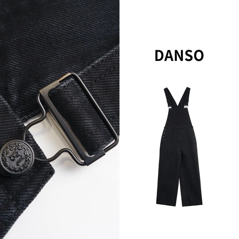 DANSO【德州日记】玉美华早春穿搭高腰显瘦黑色牛仔背带裤JZ0035