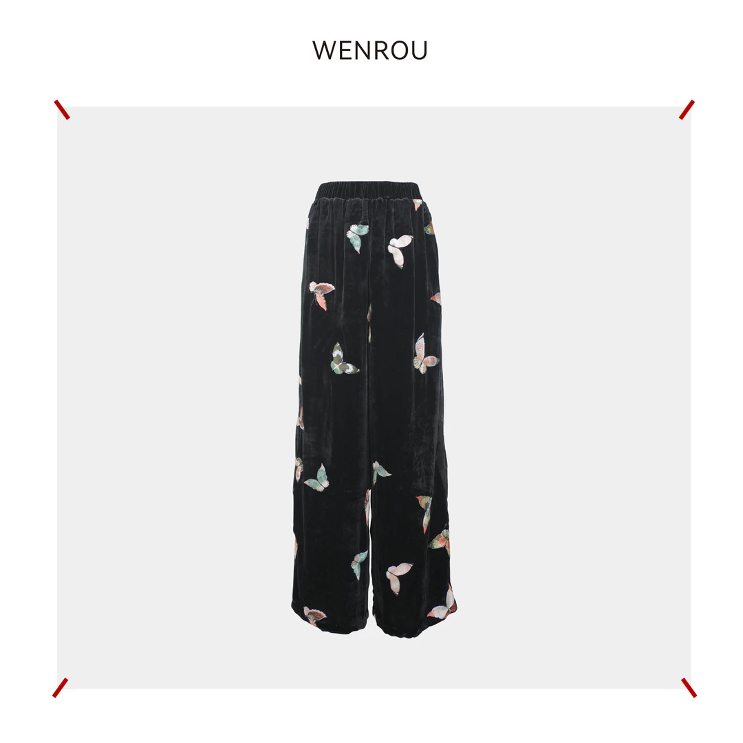 温柔自知 ‌花飞蝶舞 真丝丝绒休闲裤SRK090