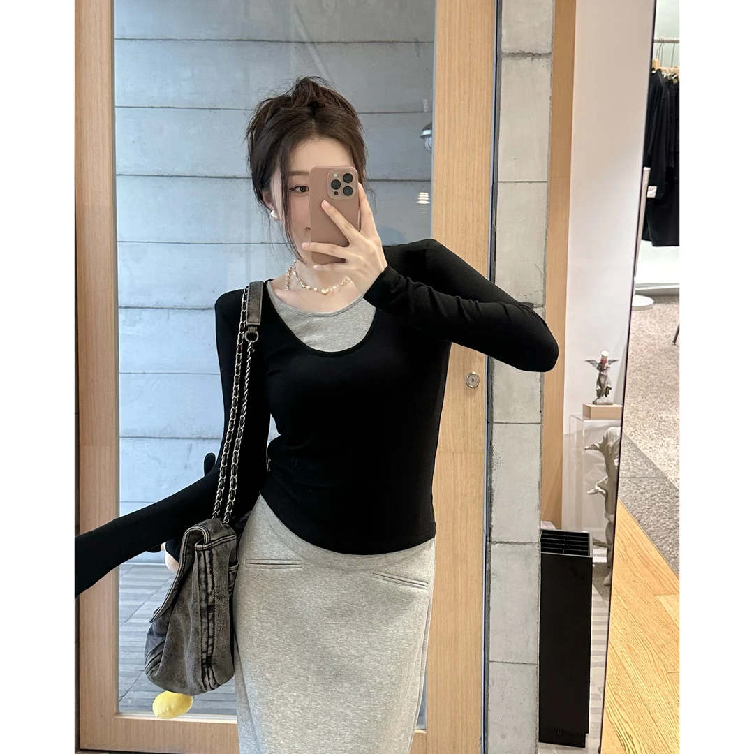 假两件孕妇上衣春秋款孕妇装百搭长袖针织t恤3748（有垫肩可拆卸）