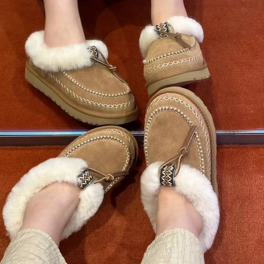 2024年秋冬新款阿尔π民族风编织厚底羊皮毛一体低帮雪地靴