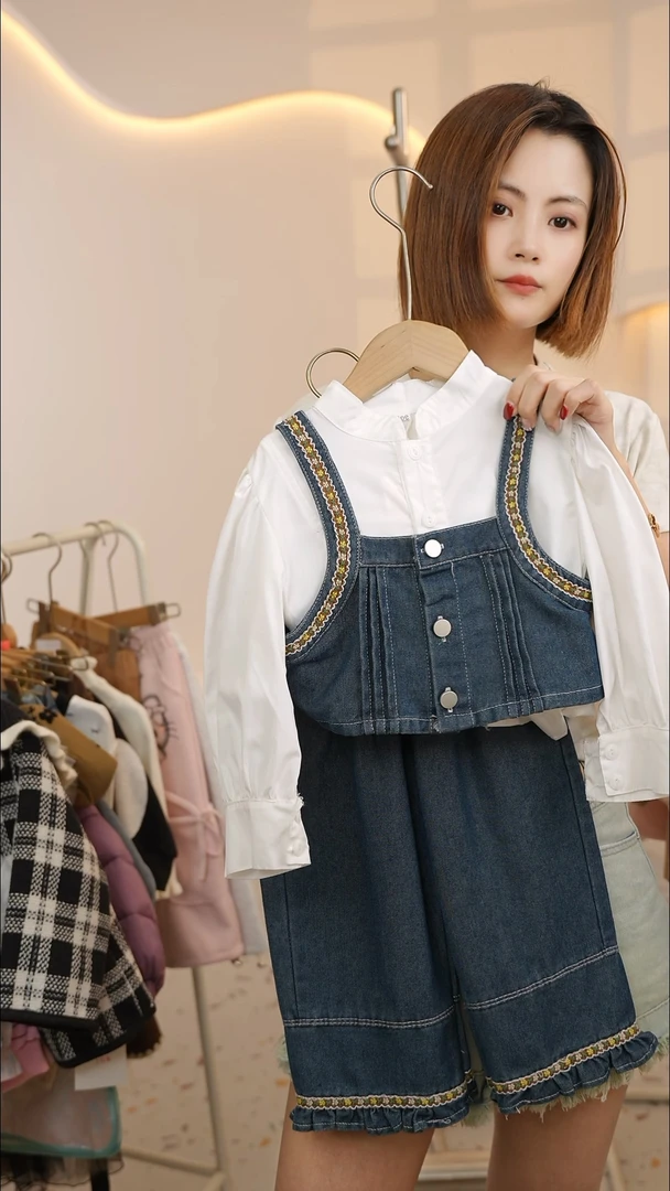 现货X337女童夏季三件套牛仔套装
