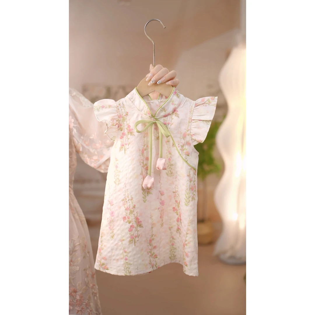 现货AC717女童夏季国风立体郁金香花朵小飞袖旗袍