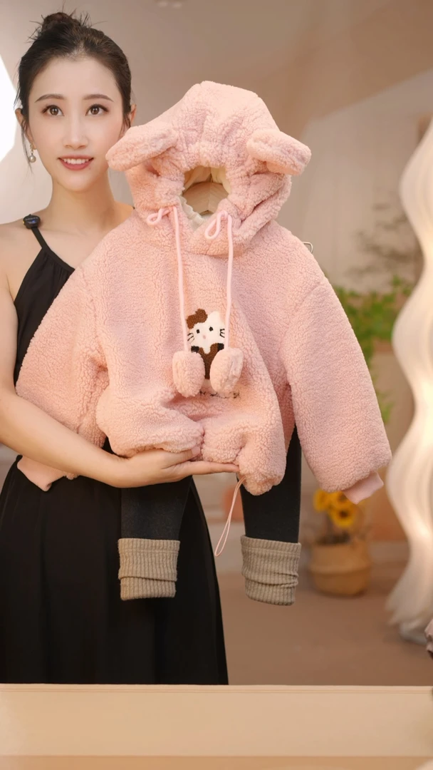 现货FF230女童冬季加绒连帽毛毛上衣